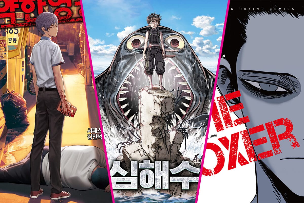  Webtoon app features include a variety of manhwa comics, such as 'All of Us Are Dead', 'Shark', and 'The Boxer'.